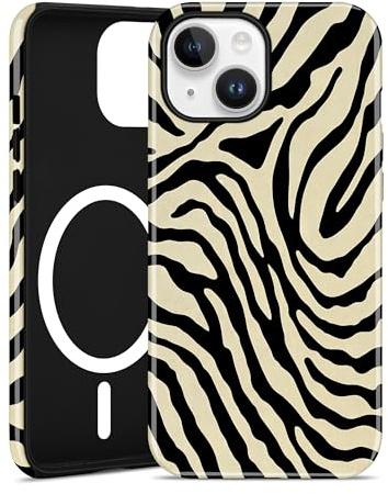Jusy Magnetische Zebra-Print Hülle für iPhone 13/14, Beige | Aesthetic Zebra-Print Muster Handyhülle, Kompatibel mit MagSafe, Zweischichtige Stoßdämpfend
