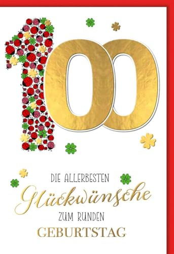 Geburtstagskarte zum 100. für Senioren - 100 Jahre - Goldene 100 mit Marienkäfern und Kleeblättern - Klappkarte mit Umschlag