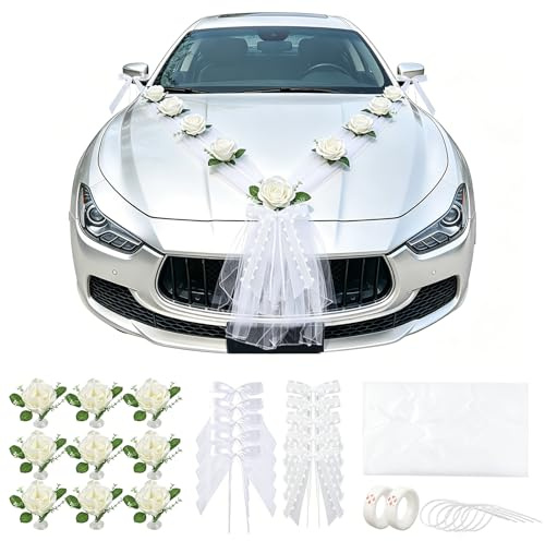 Autoschmuck Hochzeit Motorhaube- Hochzeitsdeko Weiß mit 9 Rosen 20 Autoschleifen 1.8m Tüll Auto Just Married Deko Hochzeit Autodeko Wedding Party Girlande Hochzeitsschleifen Braut Paar Blumenschmuck