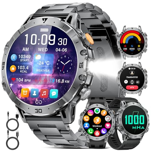 HIRREO EF18 Military Smart Watch for Men, 1000 mAh Large Battery, 1.85″ HD Smartwatch with LED Flashlight/Sleep/100+ Sports, IP68 Waterproof Smart Watches for Android iOS (3 Straps), Black