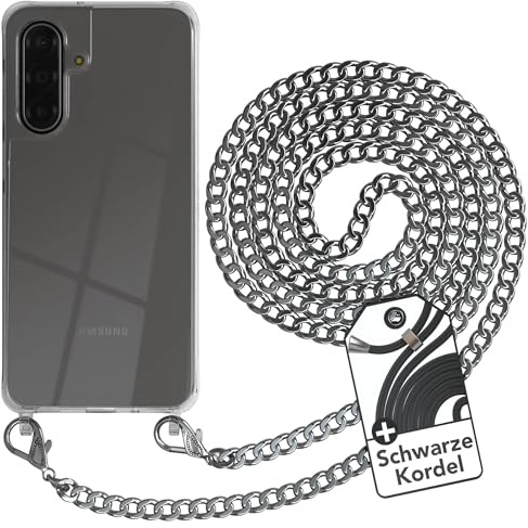 EAZY CASE Handykette kompatibel mit Galaxy A17 Handyhülle mit Metall Umhängeband und Ersatz Kordel schwarz, Handykordel mit Schutzhülle, Stylische Kette, Metall - Silber