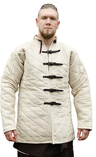 Ulfberth Starker Gambeson mit Lederriemen und Schnallen Natur/Weiß aus Segeltuch mit Füllung aus Wolle für Mittelalter Schaukampf LARP Wikinger - Lang (Natur, M)