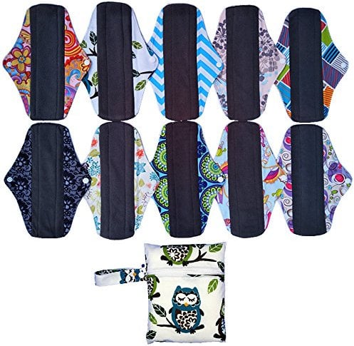 10PCS 10 Inch Charcoal Bamboo Cloth Reusable Washable Menstrual Pads Sanitary Pads+1 Wet Bag (mc10-10-01)