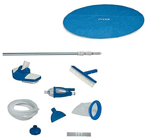 Intex 18 Ft Round Easy Set Solar Cover and Deluxe Pool Maintenance Kit w/ Vacuum