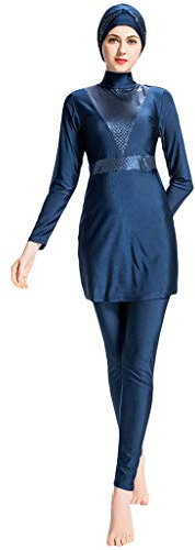 Lazzboy Frauen Muslimischen Badeanzug Mit Kappe Volltonfarbe Beachwear Bademode Muslim Islamischen Für Hijab Badebekleidung Full Deckung Schwimmen(Marine,4XL)