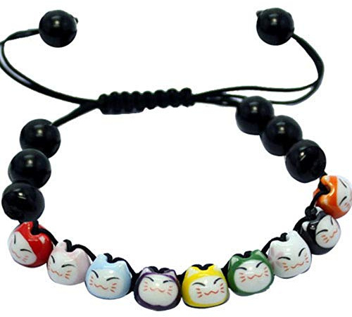 Black Sugar Bracelet Tête De Chat Noir Rouge Maneki Neko Porte Bonheur en Porcelaine Kawai Mignon
