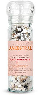 Piedas de Sal con bolas de Pimienta Negra, 90g. Sal de Manantial 100% Natural. Sin Aditivos. Origen Pirineo Navarro. Molinillo Gourmet de Sal con Pimienta