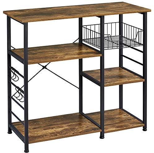 Yaheetech Baker's Rack Industrial Kitchen Island Microwave Storage Rack with Metal Mesh Basket Shelves and 6 Hooks, 90X39X84cm, Standing Coffee Bar Table Metal Frame