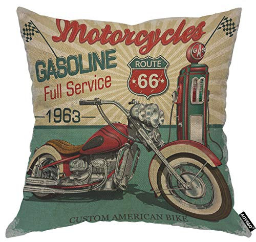 AOYEGO Vintage Gasoline Route 66 Poster Überwurf Kissenbezug Motorrad Garage Amerika Fahrzeug Klassischer 45,7 x cm Dekorativer für Männer Frauen Jungen Mädchen Zimmer Zuhause Couch Bett