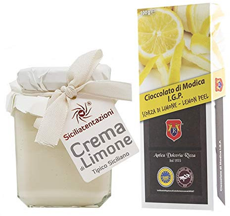 Sicilia Bedda - Crema Dolce da Spalmare con Cioccolata di Modica IGP Gr. 100 - Gustosa IDEA REGALO (Crema di Limone Gr. 190 con Cioccolata con Scorze di Limone)