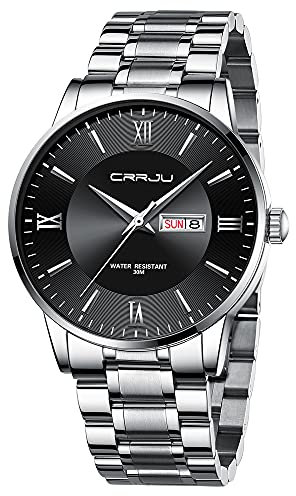 CRRJU Armbanduhr Herren Edelstahl Band Männer Uhr Analog wasserdichte Business Schwarz Stoppuhr Klassische Quarzuhr mit Kalender (Silber Schwarz)
