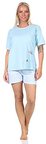 RELAX by Normann Damen Shorty Pyjama Schlafanzug Kurzarm mit süßem Katzen-Motiv - 66334, Farbe:hellblau, Größe:44-46