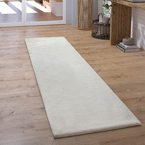 Paco Home Teppich Läufer Hochflor Wohnzimmer Flur Flauschig Schlafzimmer Fell Kunstfell Modern Fellimitat Einfarbig, Grösse:80x300 cm, Farbe:Creme