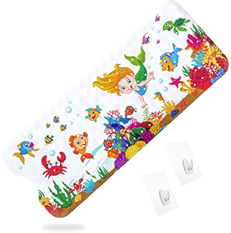 Akriva Kinder-Badewannenmatte, 100 x 40 cm, mit 2 Haken (Meerjungfrau-Design)