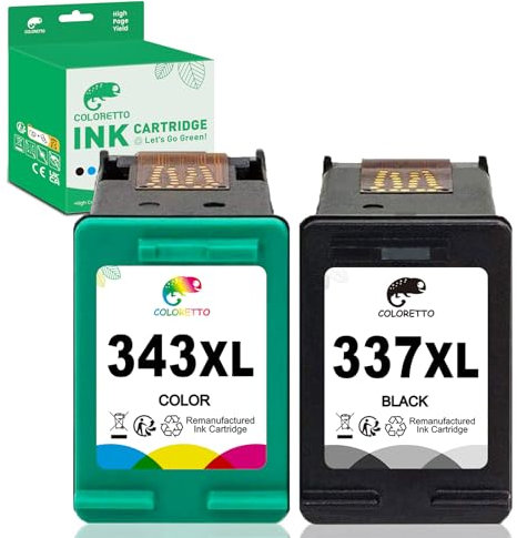 COLORETTO Wiederaufbereitet Tintenpatrone als Ersatz für HP 337XL 343XL 337 343 XL (1 Schwarz,1 Farbe) für Photosmart 2500 2570 2573 2575 C4140 C4150 Officejet 6300 6310 6315 Deskjet D4160 5940
