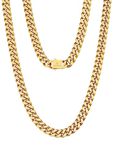 KRKC&CO 8mm Panzerkette, 18K Gold plattiert Cuban Link Chain, Edelstahl Panzerkette Herren Gold Kubanische Gliederkette, Herren Goldketten Hip Hop Kette für Männer Jungen Größe 46cm