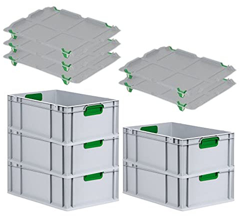 PROREGAL SuperSparSet 5x Eurobox NextGen Color mit Auflagedeckel & Schiebeschnappverschlüsse, HxBxT 22x40x60cm, 44L, Griffe grün geschlossen, Verstärkter Boden, Eurobehälter Transportbox