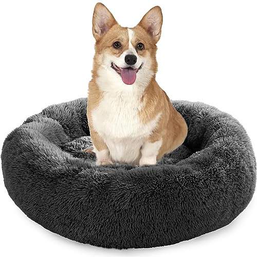 Enjamoy Hundebett Flauschig Donut Plüsch Katzenbett Hundekissen, Waschbar Rund Hundebetten für Kleine, Mittelgroße Hunde Katzen, Dunkelgrau 70cm