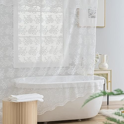 TUDECO Rideau de douche extra long en dentelle bohème avec cantonnière de fixation - 213 cm de long - Rideau de douche festonné - 183 x 213 cm - Blanc