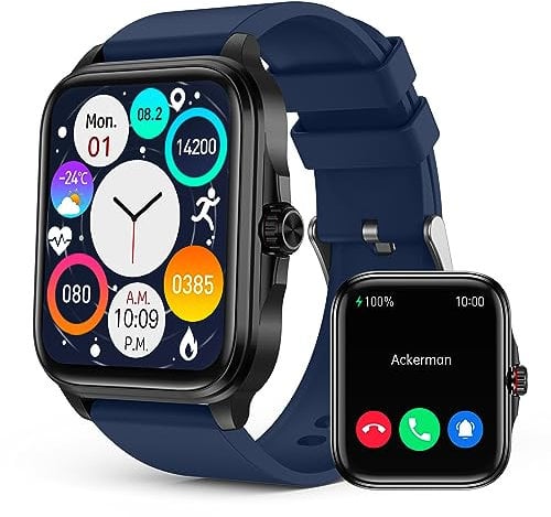 EGQINR Smart Watch, Fitness Watch with HRV/Mett/Heart Rate/Temperature/Blood Oxygen/Sleep Monitor, IP67 Waterproof Smartwatches Compatible with Android IOS Blue
