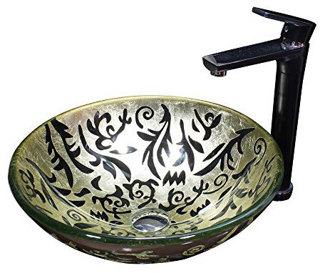 HESIEU Künstlerisches Waschbecken im Badezimmer, modernes rundes Waschbecken aus gehärtetem Glas, Waschschüssel-Wasserhahn-Set