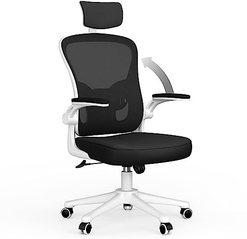 naspaluro Office Desk Chair with Flip-Up Armrest High Back Ergonomic Computer Chair with Adjustable Headrest and Lumbar Support Executive Swivel Chair for Home and Office-White