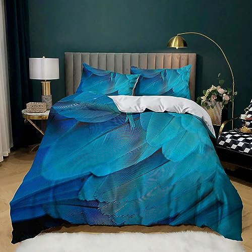 XCQHZYQ Bettwäsche 180x200 cm Blaue Feder 3 Teilig Bettbezug Bettwäsche-Sets Knitterfrei Weich Mikrofaser mit 2 mal Kissenbezüge 80x80 cm, mit Reißverschluss