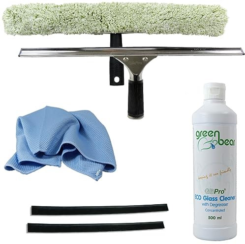 GBPro Professioneller Fensterabzieher aus Edelstahl, 45 cm + T-Stange und Mikrohülse, Glasreiniger 500 ml, Fischschuppen-Mikroglas-Tuch, Gummiklinge