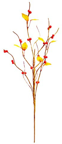 belupai 27,6 Zoll Künstlicher Roter Beerenstiel, Lebensechter Schaumstoff-Beerenzweig, Künstliche Beeren, Blumenpflücker mit Gelben Blättern, Weihnachts-Stechpalmen-Beerenzweig für Zuhause,(Rot)