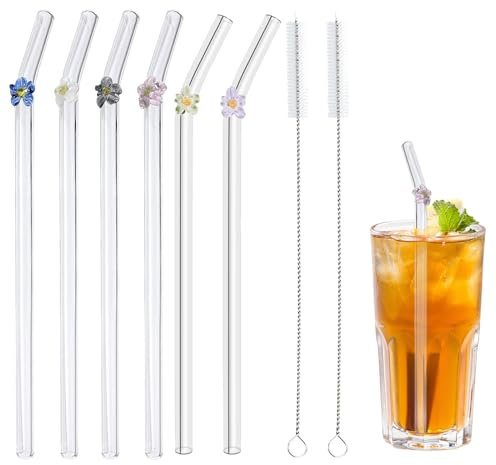 Tomtary 6pcs Reusable Bent Glass Straws with 2 Cleaning Brushes Shatter Resistant Curved Colorful Flowers Design Drinking Straws for Smoothies Juice Tea Coffee Milkshakes
