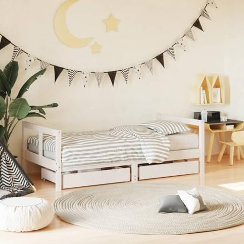 Festnight Kinderbett mit Schubladen Hausbett 80x160cm, Holzbett mit Lattenrost & Rausfallschutz für Kinder und Jugend, Weiß ohne Matraze