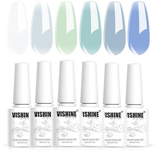 Vishine Jelly Blue Green Teal Gel Nail Polish Set of 6 Colors - Translucent, Crystal Blue, Mint Green, Nude Gel Polish - Soak Off, DIY Home Gifts for Women - 8ml