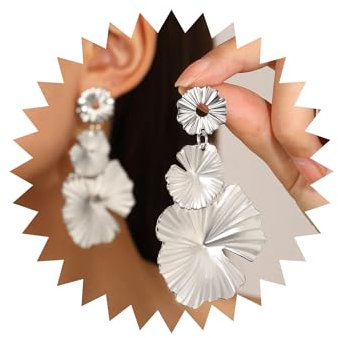 Wendalern Silber Blume Blütenblatt Baumeln Ohrringe Lange Lotusblüte Quaste Ohrringe Übertreiben Große Florale Ohrstecker Metall Textur Blume Aussage Ohrringe Brautschmuck Für Frauen Und Mädchen