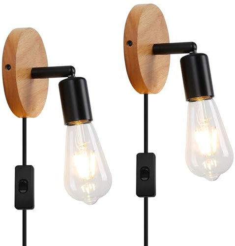 LUSTORM 1 Black Plug in Wall Lights Set of 2-Modern Wooden Adjustable Angle Wall Lamps with Plug in Cord for Bedroom Industrial Vintage Mounted Lighting Sconces