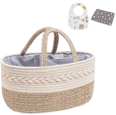 Esoes Nappy Caddy with Bib, Diaper Pad, Cotton Rope Baby Diaper Caddy, Portable Baby Caddy Storage Basket with Detachable Compartments, Nappy Caddy Organiser or Mom Toys Storage for Child (Beige)