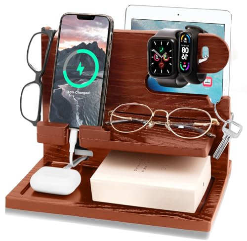 Docking station in legno per telefono cellulare, docking station per telefono, portachiavi, organizer per orologi, scrivania in legno per iPad, regalo per papà, marito, compleanno, Natale (Marrone 2)