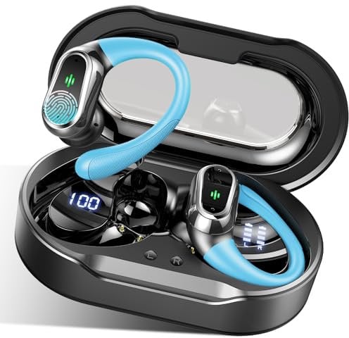Auriculares Inalámbricos Deportivos, Auriculares Bluetooth 5.3 HD Mic con Reducción de Ruido, 50 H HiFi Estéreo Cascos Inalambricos Bluetooth con Pantalla LED, IP7 Impermeable Auriculares, Azul Claro