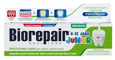 Biorepair, Junior Zahnpasta 6-12 Jahre, 12 Packungen à 75 ml, Fluorfreie Kinderzahnpasta mit Vitamin E, Antioxidans, für gesundes Zahnfleisch, erfrischend mit Minzgeschmack