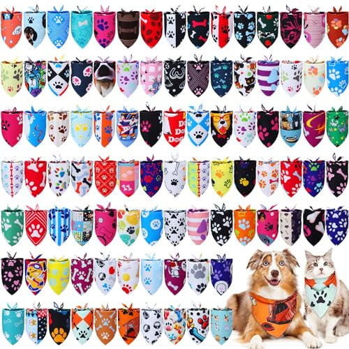 Huhumy 100 Pcs Paw Dog Bandanas Bulk Pet Bibs Colorful Triangle Scarf Paw Pattern Pet Bandanas for Medium Large Dogs Holiday Summer Birthday Costume Decor