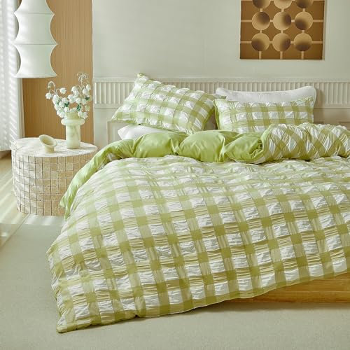 Gezu Seersucker Ropa de cama de 200 x 200 cm, color verde a rayas, suave, cepillada, moderna, romántica, ropa de cama de verano, 3 piezas, funda nórdica con cremallera y 2 fundas de almohada de 80 x
