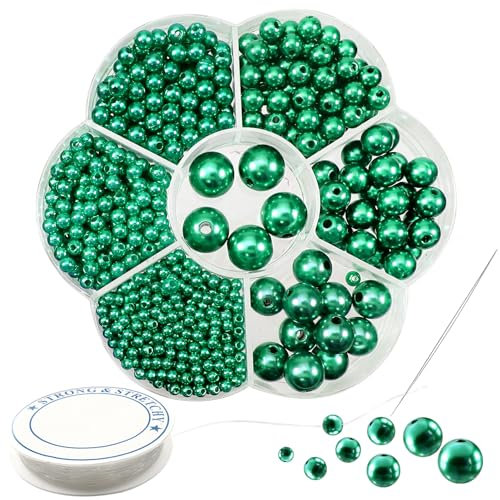 TOAOB 1160 Stück Kunstperle mit Loch Runde Perlen set zum Auffädeln Schmuck Perlen Grün 3mm 4mm 5mm 6mm 8mm 10mm 12mm für Dekorieren Kleidung Halsketten Armbänder