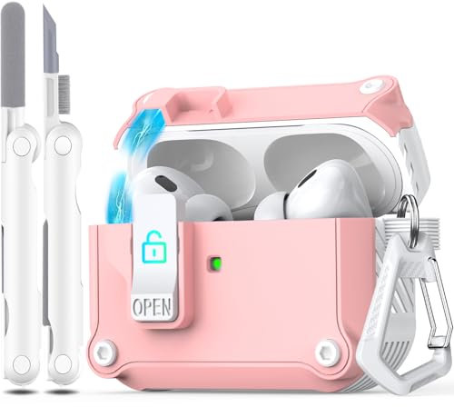R-fun Compatible with AirPods Pro 2nd Generation 2023(USB-C),2022(Lightning Cable),1st Gen 2019 Charging Case, Full Drop Protection Auto Pop-Up Lid Design with Keychain,White/Pink