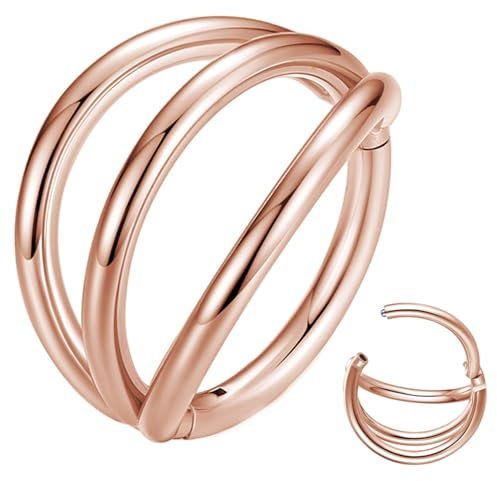 Popuhoops 18G 5mm Rose Gold Triple Hoop Nose Ring 316L Surgical Steel Segment Rings 18 Gauge Seamless Hinged Cartilage Helix Rook Tragus Conch Clicker Ear Earring Piercing Lip Ring