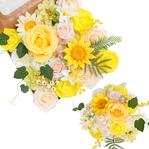 Kisflower Artificial Flower Combo Fake Rose Faux Dahlia Flowers with Stems for DIY Wedding Bridal Bouquet Party Home Decorations(yellow)