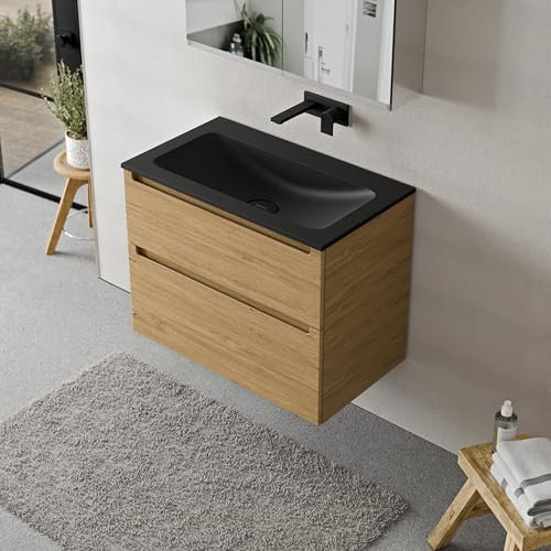 BERNSTEIN Badmöbel-Set Vireo, Waschtisch-Unterschrank mit Mineralguss-Waschbecken 80cm in Eiche honiggold - CREAM - Schwarz matt ohne Hahnloch - 2 Schubladen, Badmöbel, 5 Jahre Garantie