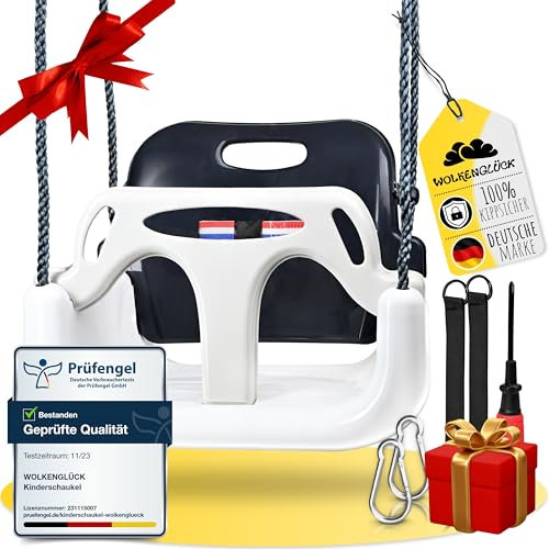 WOLKENGLÜCK® Balançoire 3 en 1, pour bébé de 6 mois à 6 ans et plus, pour l'extérieur et l'intérieur, balançoire de qualité supérieure, avec dossier et sangle de ceinture, grise