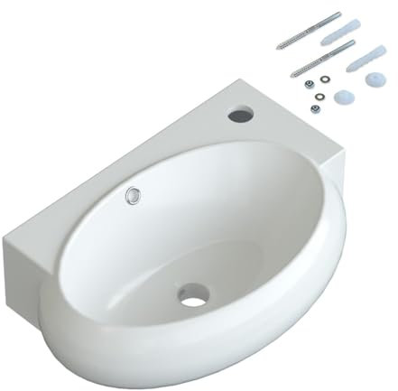 Keramik Waschbecken Bad oval hängend klein 44x29x13,5cm mit Überlauf und Hahnloch ohne Unterschrank weiß Wandmontage Eckwaschbecken Handwaschbecken ultradünner Rand viele Montagemöglichkeiten