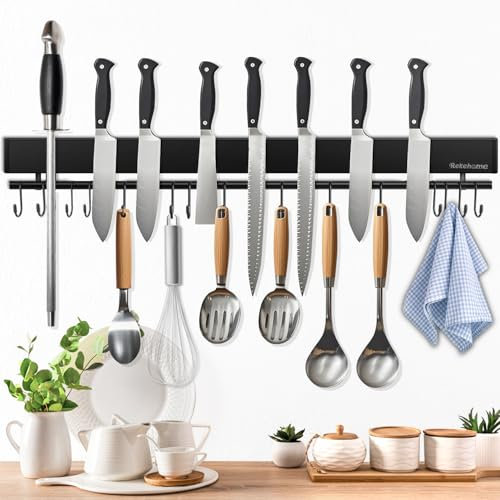 Rekehome 59 cm Black Magnetic Knife Holder with 15 Hooks, Strong Magnetic Strips, No Drilling, Includes Adhesive Tape and Screws