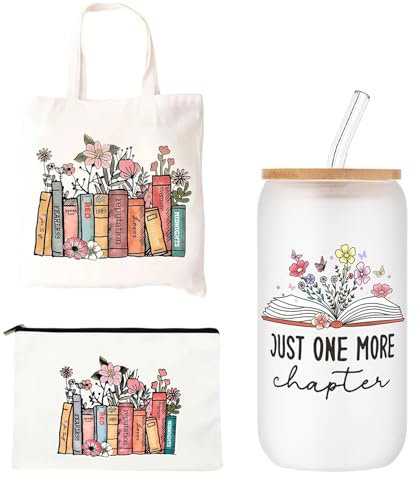 Book Lovers Tote and Cosmetic Bags Gift Set for Women - Glass Bottles and Bookish Accessories for Teachers, Librarians, Students, and Reading Club Members