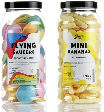 Just Treats Mini Foam Bananas and Flying Saucers - Sweet Gift Jars of A Fruity Lift-Off - 23,13